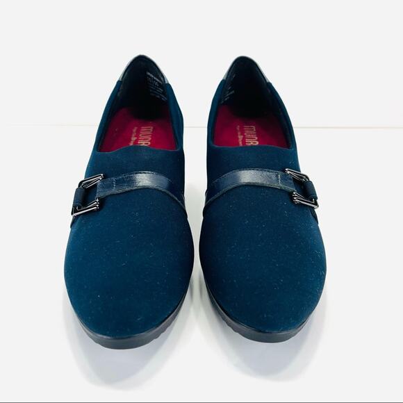 Munro Mindy Wedge Pump Size 10.5 Navy Blue Fabric & Leather Comfort Low Platform - Picture 3 of 14
